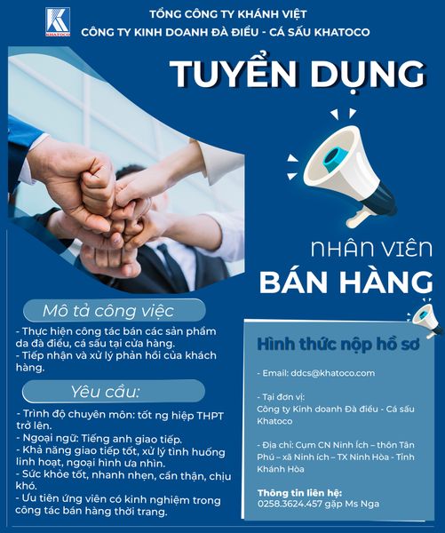 TUYỂN DỤNG NHÂN VIÊN BÁN HÀNG - CÔNG TY KINH DOANH ĐÀ ĐIỂU - CÁ SẤU KHATOCO