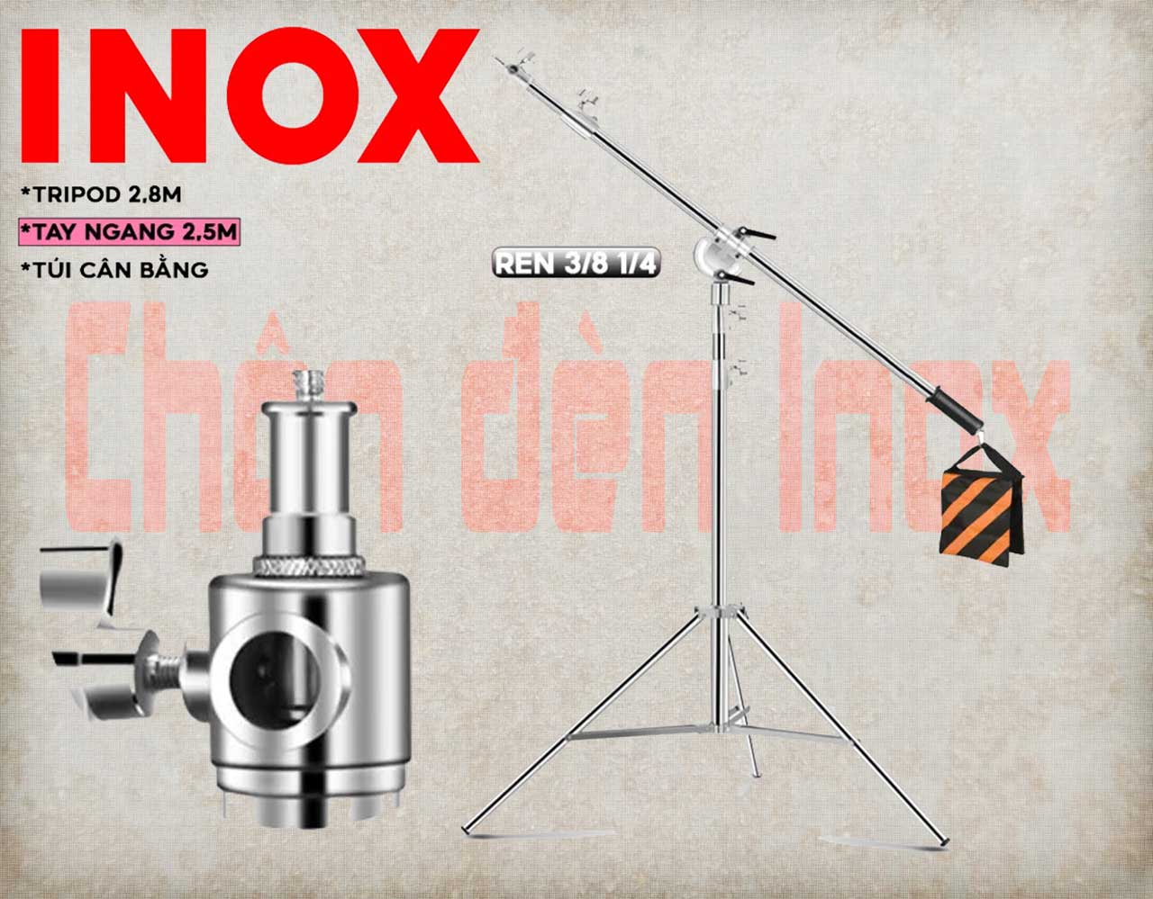 Bộ chân đèn Inox kèm tay ngang ARM 2.5m kèm túi cân bằng