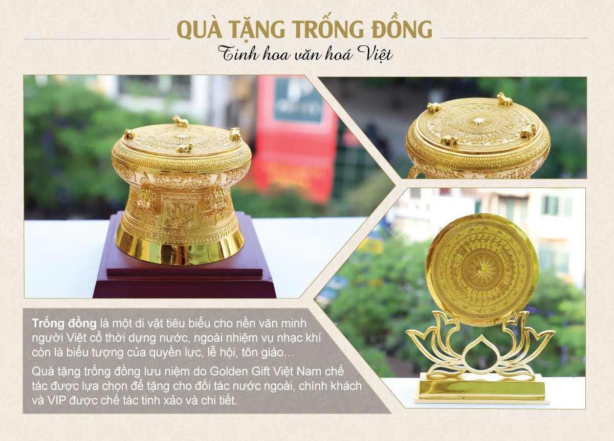 Quà tặng trống đồng Việt Nam - Trống đồng lưu niệm mạ vàng 24K