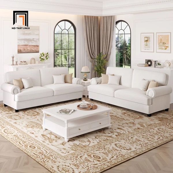 bộ ghế sofa phòng khách thư giãn, set 2 ghế sofa nệm trắng kem vải nhung mềm
