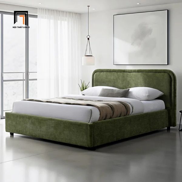 giường, giường ngủ vải nỉ xanh lá, giường ngủ 1m6 x 2m, giường ngủ kiểu dáng hiện đại, giường ngủ sang trọng