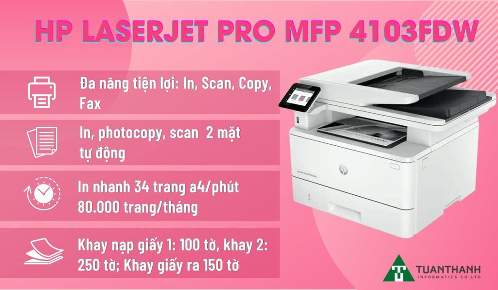 máy in wifi 2 mặt đa năng HP LaserJet Pro MFP 4103fdw 2Z629A