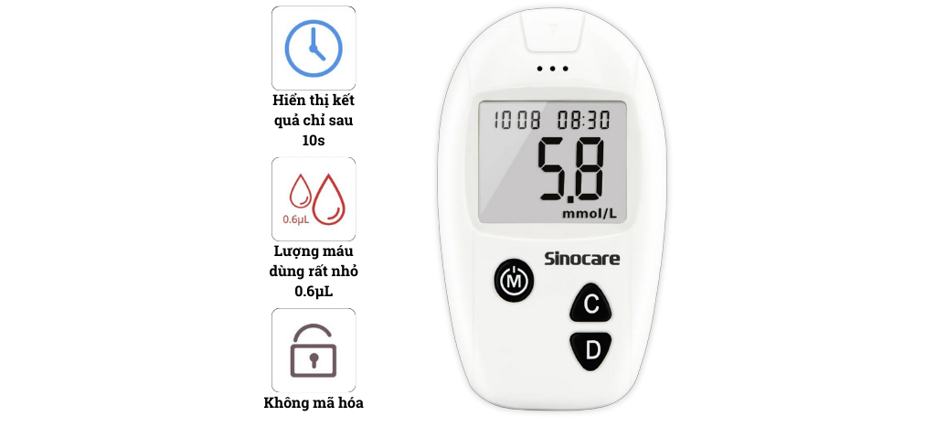 Máy đo đường huyết Safe-Accu Sinocare - Tặng kèm 50 que thử + 50 kim chích máu