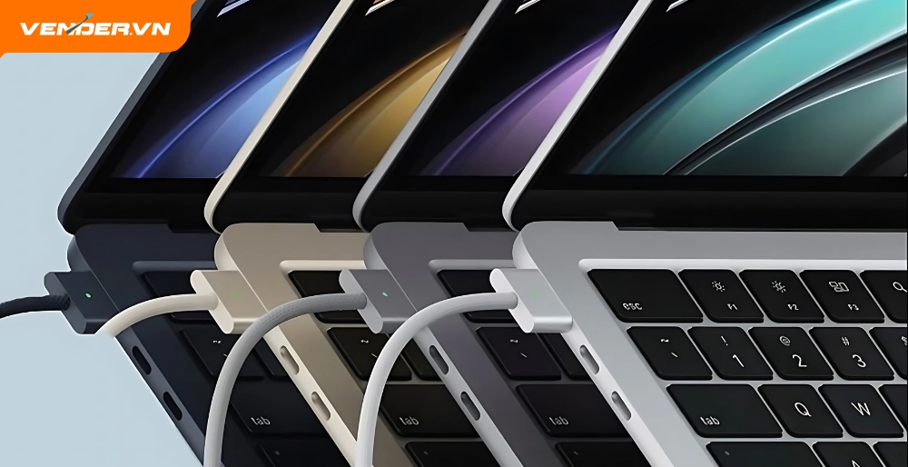 MacBook Air M2 với cổng sạc MagSafe và thiết kế bàn phím gọn gàng, trackpad rộng