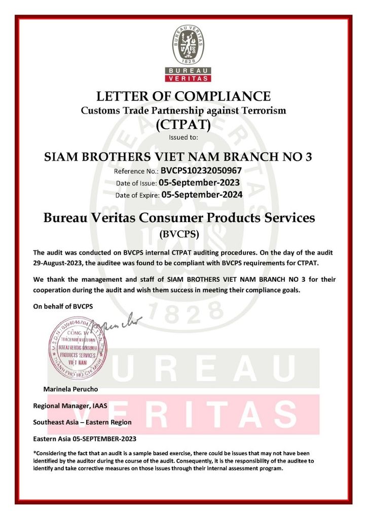 SIAM BROTHERS VIỆT NAM VUI MỪNG ĐẠT ĐƯỢC CHỨNG NHẬN QUAN HỆ ĐỐI TÁC THƯƠNG MẠI HẢI QUAN CHỐNG KHỦNG BỐ (C-TPAT)