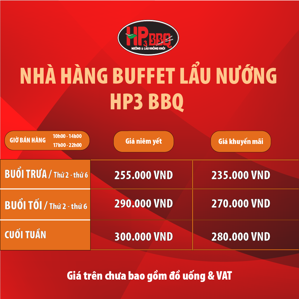 CẬP NHẬT GIÁ BẢNG GIÁ BUFFET TỪ NGÀY 1/4/2023 – HP3 BBQ
