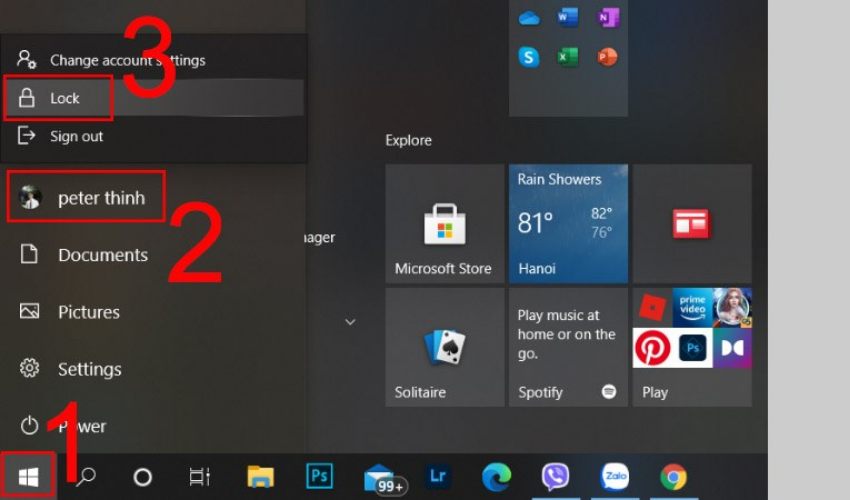 hấn vào biểu tượng Windows, chọn tên tài khoản của bạn và nhấn Lock để bảo vệ máy tính và thông tin cá nhân của bạn