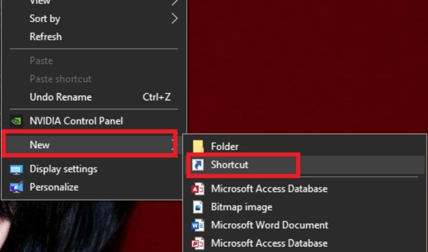 Chuột phải vào màn hình Desktop, chọn New → Shortcut