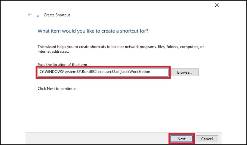 Trong cửa sổ Create Shortcut mới mở, nhập lệnh