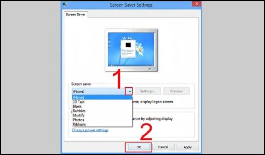 Trong mục Screen saver, chọn loại trình bảo vệ màn hình và nhấn OK