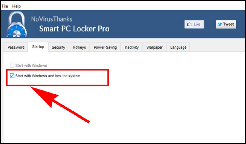 Tại tab Startup, chọn Start with Windows and lock system để khóa màn hình khi máy tính khởi động