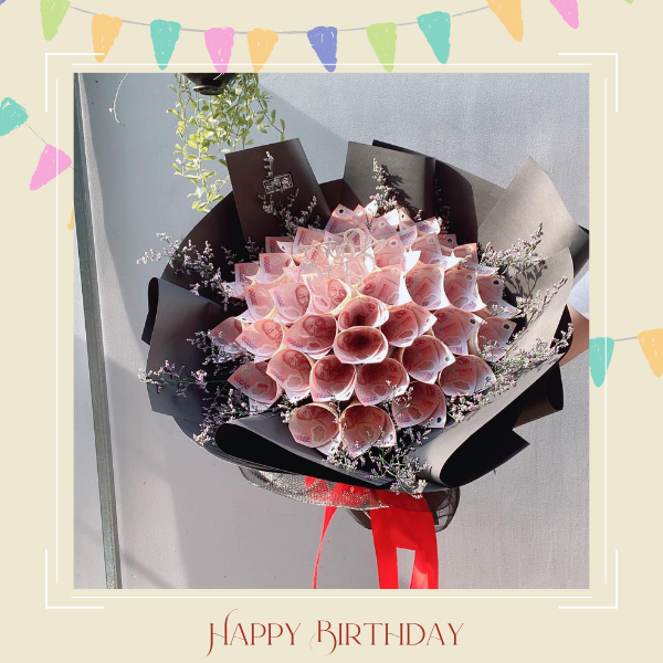 Bó hoa tiền mệnh giá 50K mix với tông đen tặng bạn trai vào dịp sinh nhật