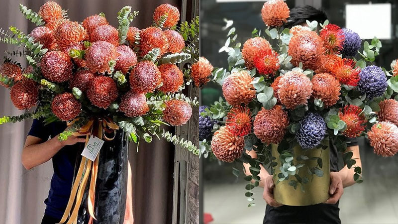 Giỏ hoa cúc mẫu đơn với màu sắc ấn tượng vô cùng độc đáo