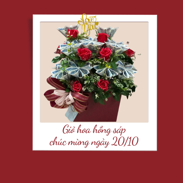 Giỏ hoa Hồng Sáp thơm phối hoa Tiền đẹp miễn bàn.