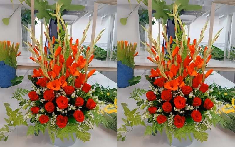 Mẫu cắm hoa huệ đỏ kết hợp hoa hồng đỏ đỏ rực trưng bàn thờ gia tiên ngày Tết