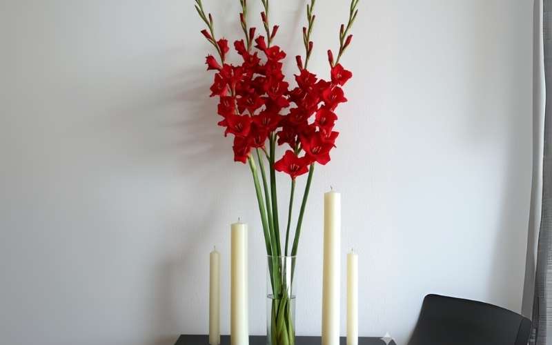 Mẫu cắm hoa huệ đỏ kết hợp với nến trắng đơn giản