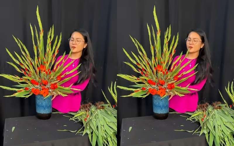 Mẫu hoa huệ đỏ mix những cành hoa tuyết mai nhỏ xinh ở trung tâm