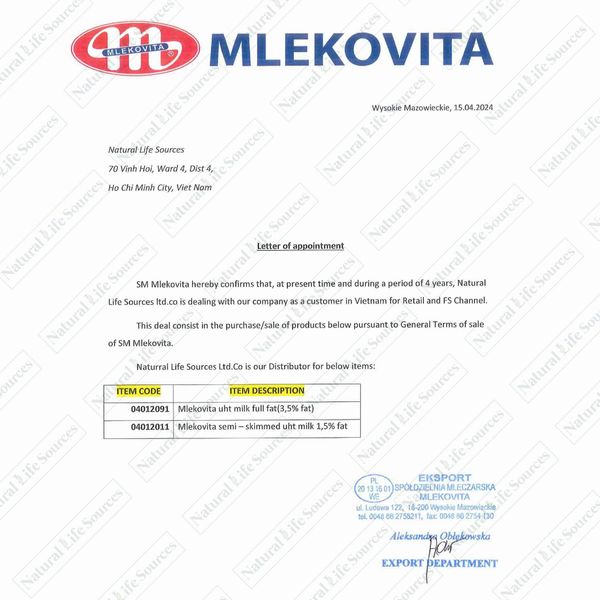 giấy ủy quyền phân phối sữa tươi Mlekovita chính hãng của Green Food