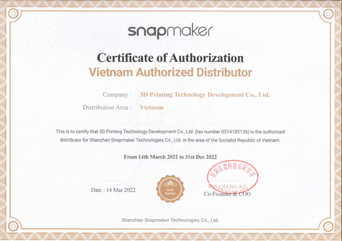 Certificate of Authorization - Snapmaker - 3DMaker