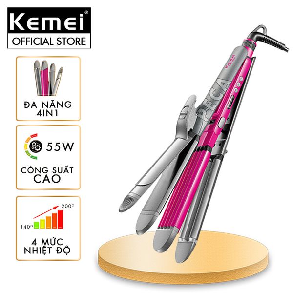 Máy làm tóc đa năng 4in1 Kemei KM-1397 điều chỉnh 4 mức nhiệt độ chuyên duỗi tóc, uốn tóc, bấm xù, uốn hippie