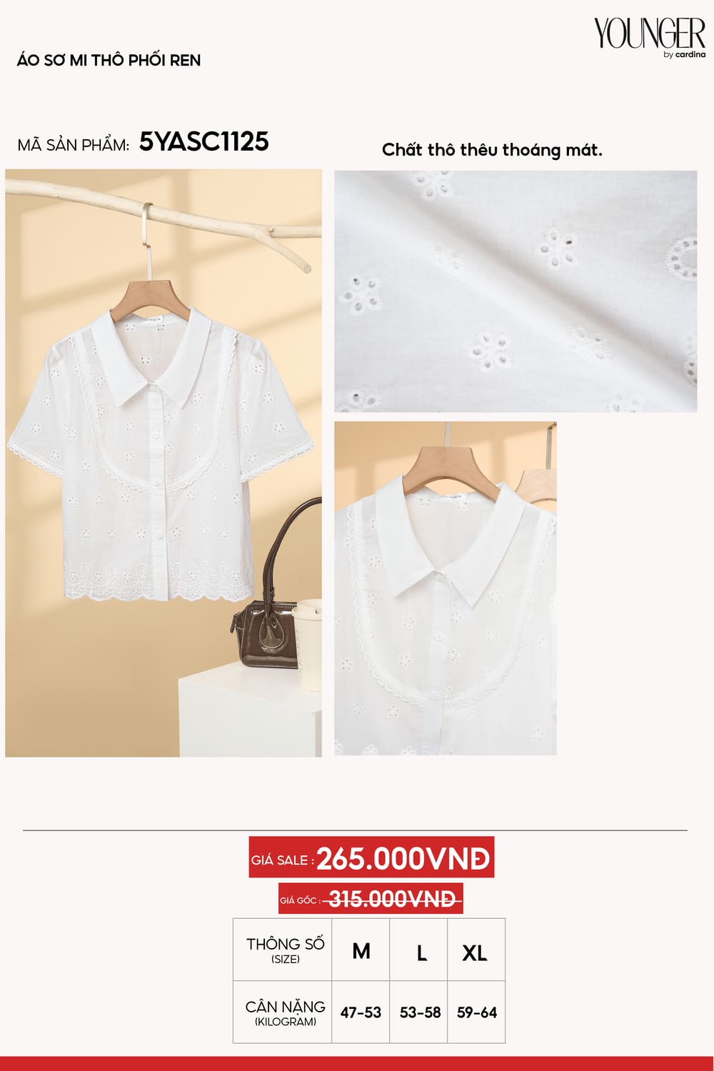 Áo sơ mi nữ Cardina vải thô phối ren cổ đức cộc tay