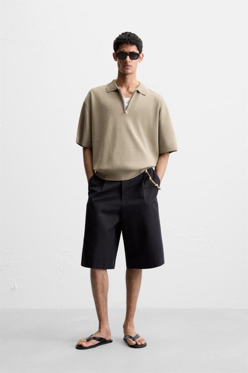 Áo Polo Dệt Kim và Quần Short Kaki/Linen