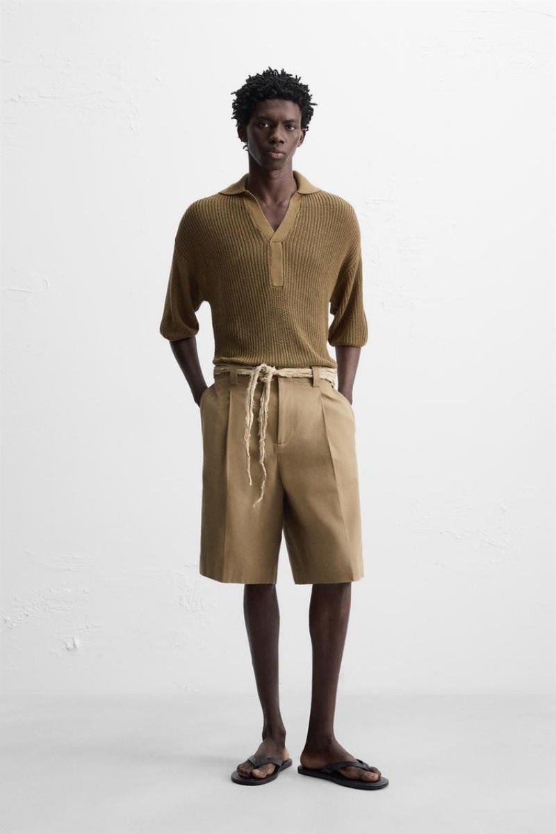 Áo Polo Dệt Kim và Quần Short Kaki/Linen