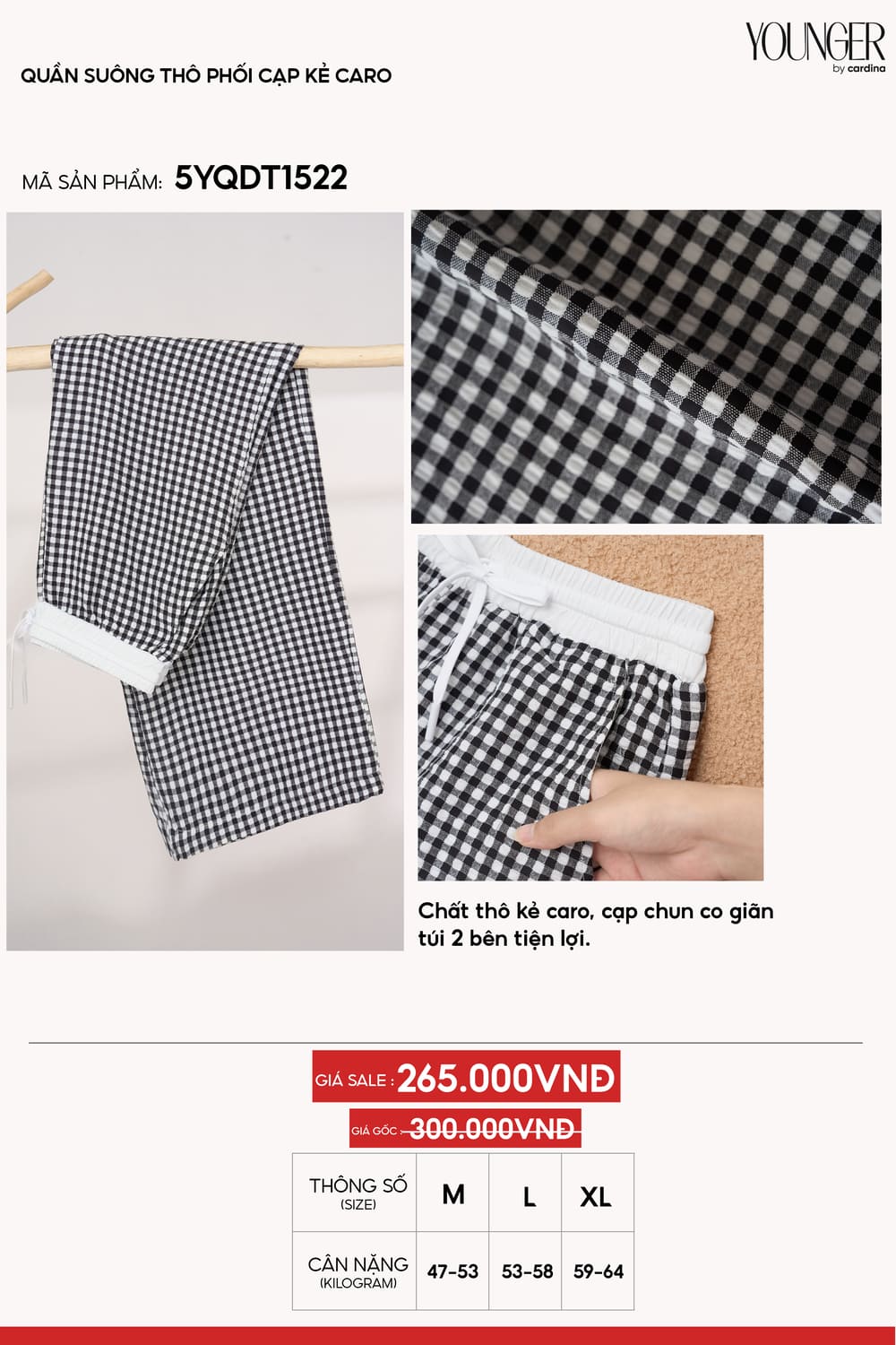 Quần suông thô phối cạp kẻ caro