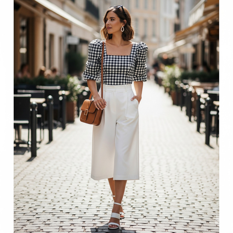 Áo Gingham và quần culottes trắng
