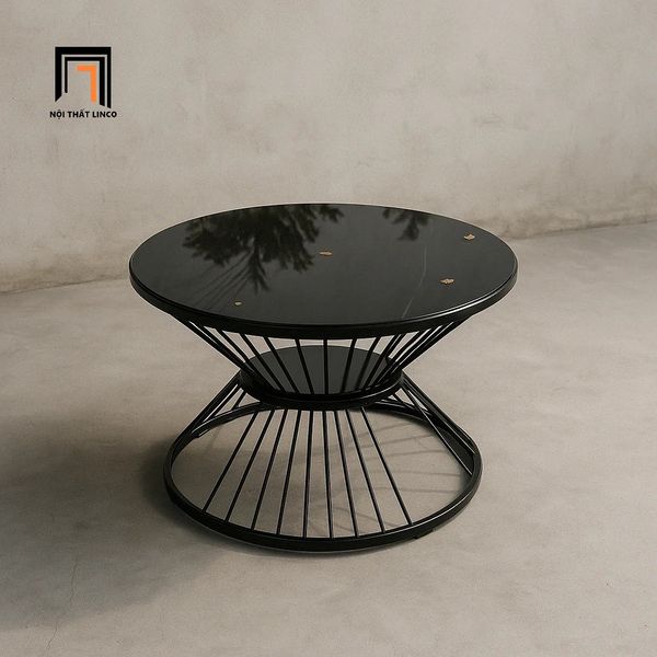 bàn sofa mặt kính đen tròn 60, bàn trà phòng khách nhỏ gọn khung chân sắt