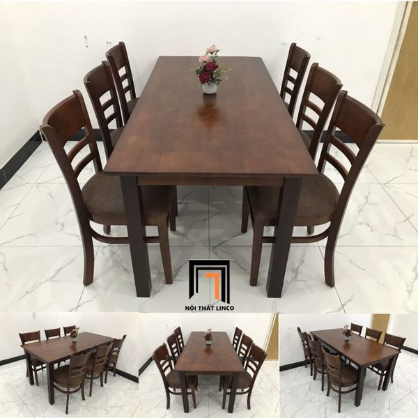 bộ bàn ăn 6 ghế ngồi bọc nệm, set bàn ghế ăn phòng bếp màu nâu đậm
