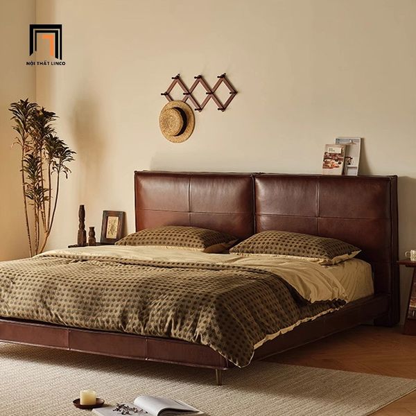 giường, giường ngủ bọc da, giường ngủ da giả màu nâu đậm, giường ngủ da công nghiệp