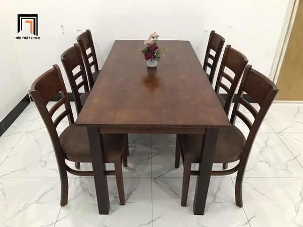 bộ bàn ăn 6 ghế ngồi bọc nệm, set bàn ghế ăn phòng bếp màu nâu đậm
