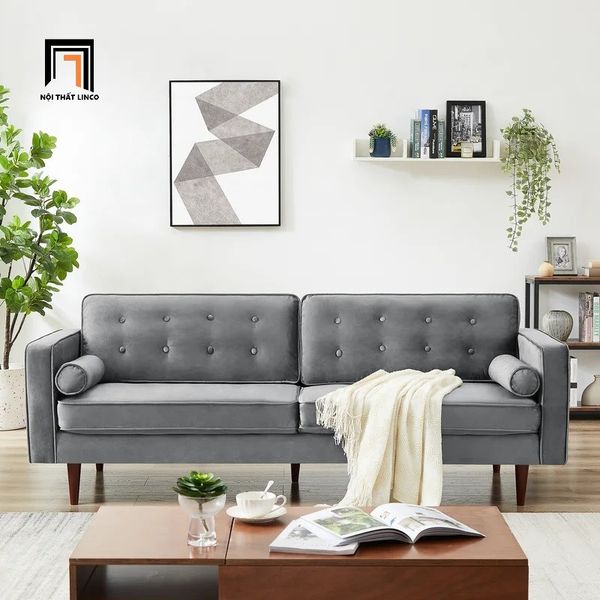 sofa, ghế sofa, sofa băng, sofa văng, ghế sofa vải nhung xám, sofa giật nút, ghế sofa chân gỗ cao su giá rẻ