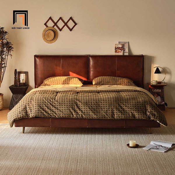 giường, giường ngủ bọc da, giường ngủ da giả màu nâu đậm, giường ngủ da công nghiệp
