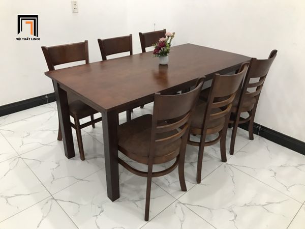 bộ bàn ăn 6 ghế ngồi bọc nệm, set bàn ghế ăn phòng bếp màu nâu đậm