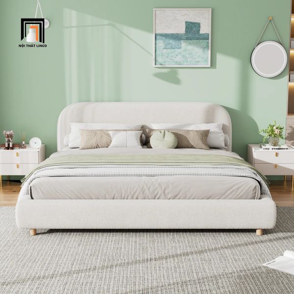 giường, giường ngủ, giường vải nhung màu be xinh xắn, giường ngủ giá rẻ, giường ngủ xinh xắn