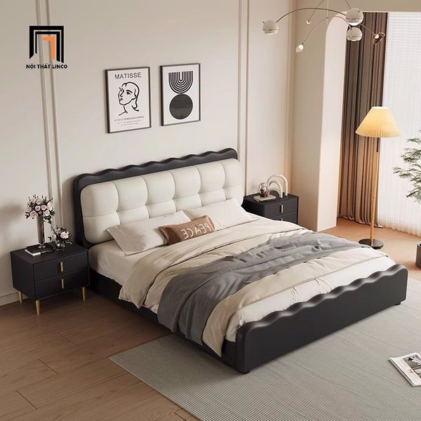 giường ngủ bọc da, giường ngủ da công nghiệp, giường ngủ phối 2 màu da sang trọng, giường ngủ đẹp
