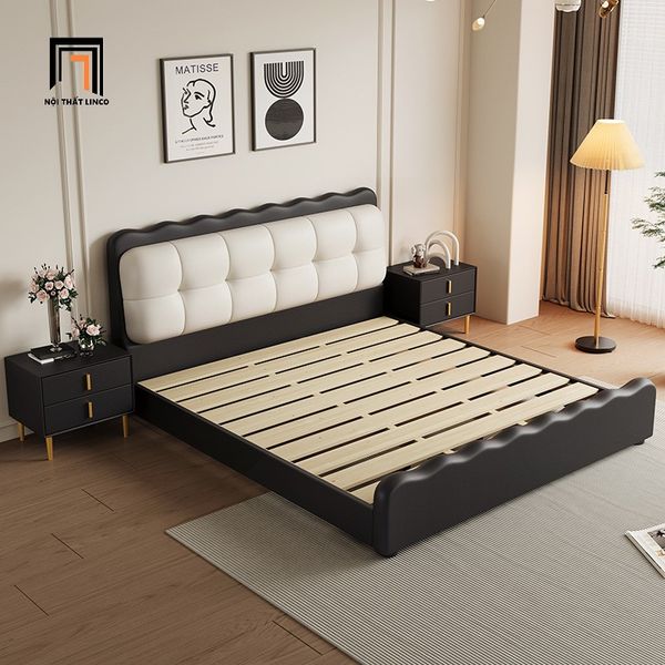 giường ngủ bọc da, giường ngủ da công nghiệp, giường ngủ phối 2 màu da sang trọng, giường ngủ đẹp