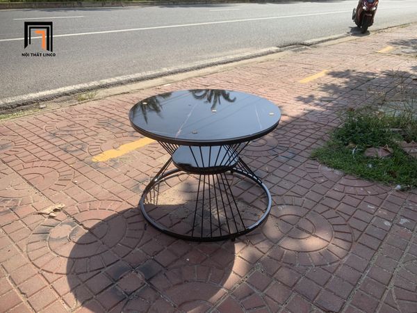 bàn sofa mặt kính đen tròn 60, bàn trà phòng khách nhỏ gọn khung chân sắt