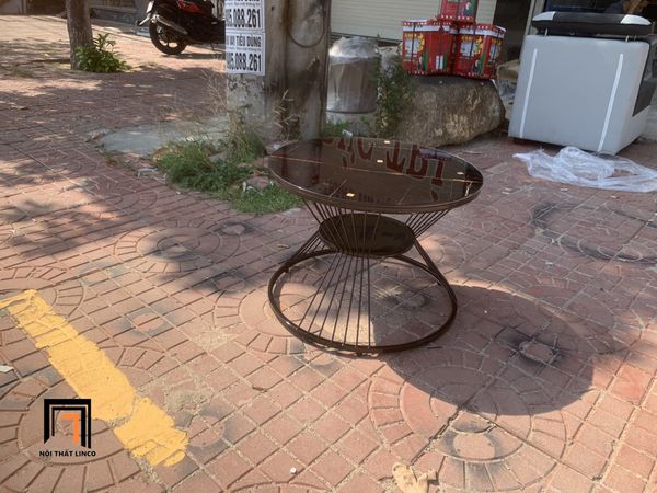bàn sofa mặt kính đen tròn 60, bàn trà phòng khách nhỏ gọn khung chân sắt