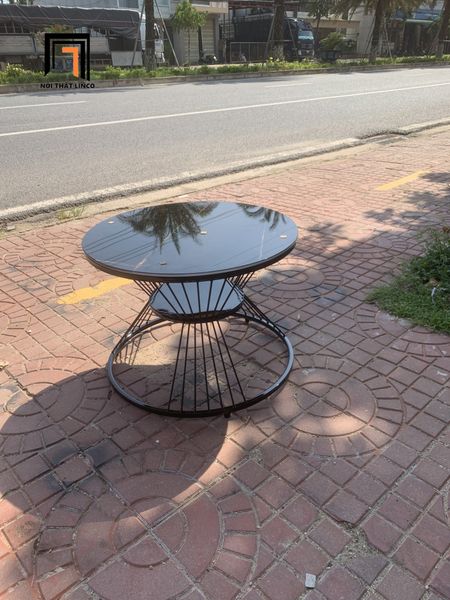 bàn sofa mặt kính đen tròn 60, bàn trà phòng khách nhỏ gọn khung chân sắt