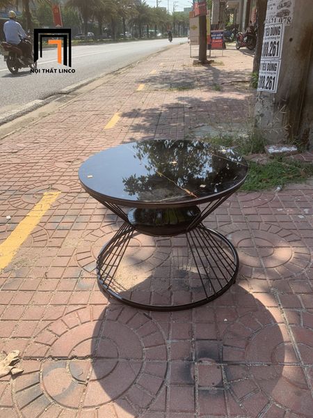 bàn sofa mặt kính đen tròn 60, bàn trà phòng khách nhỏ gọn khung chân sắt