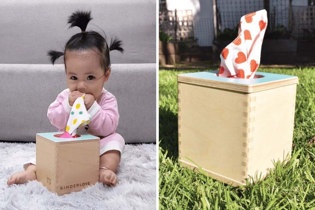 Hình ảnh trẻ chơi Đồ chơi giáo dục và Đồ chơi Montessori Hộp Khăn Kỳ Diệu trong hộp đồ chơi Cảm Nhận của Kinderlove cho bé 4-5 tháng tuổi