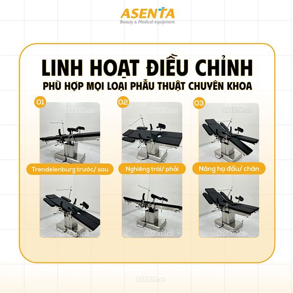 Giường mổ phẫu thuật hay bàn mổ phẫu thuật trang bị đa chức năng, có thể điều chỉnh dễ dàng qua remote