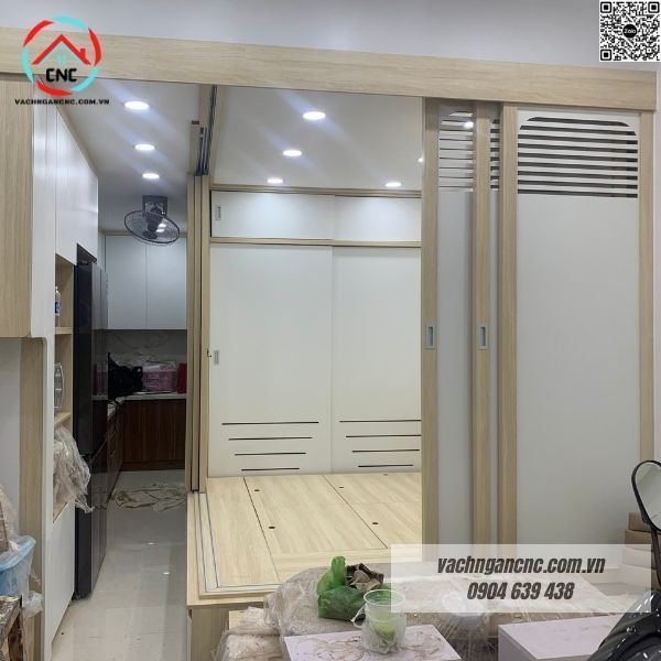 Vách ngăn cửa lùa gỗ cnc ngăn phòng khách, phòng ngủ
