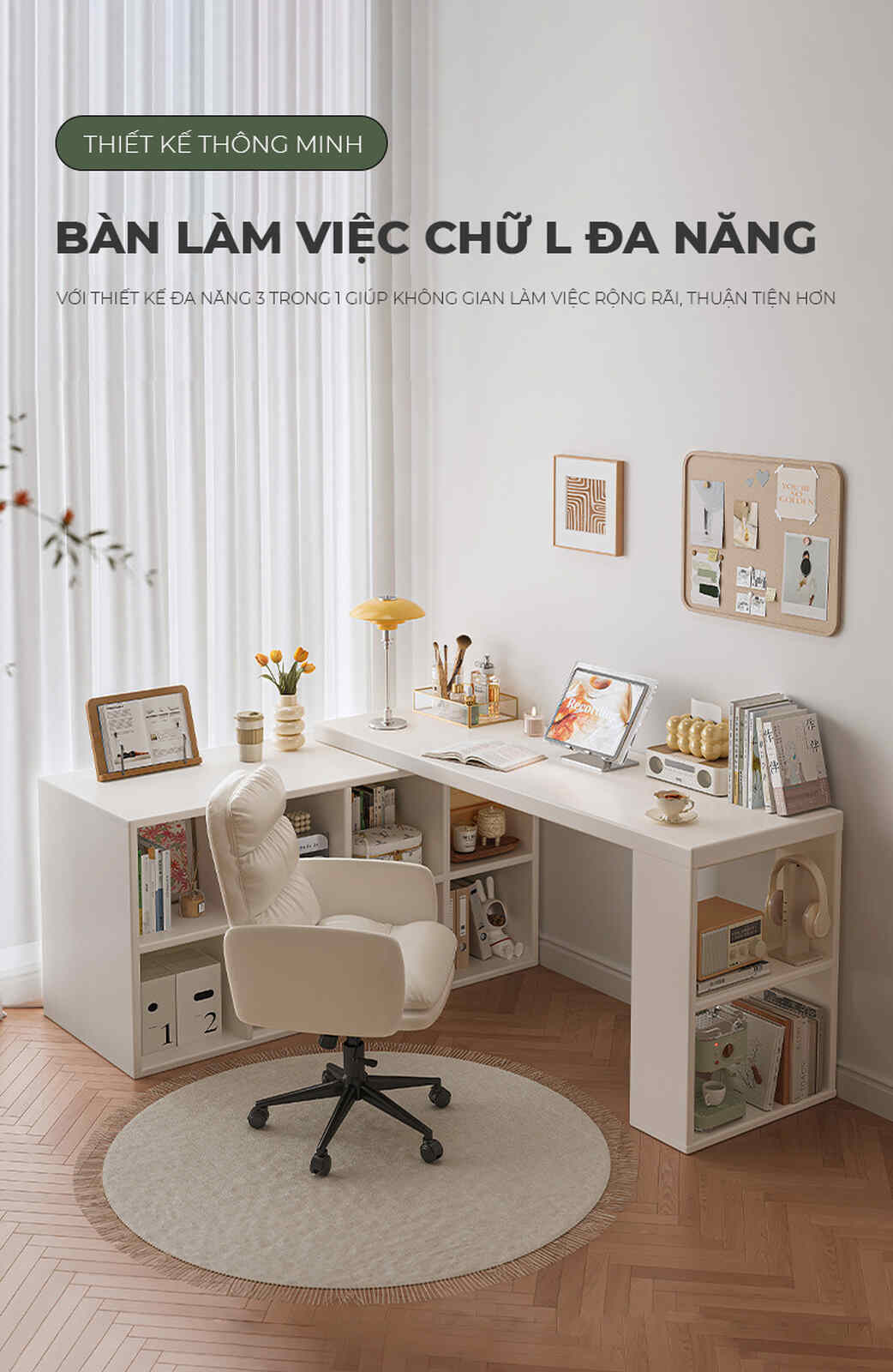 Bàn làm việc đa năng kèm tủ để đồ full trắng