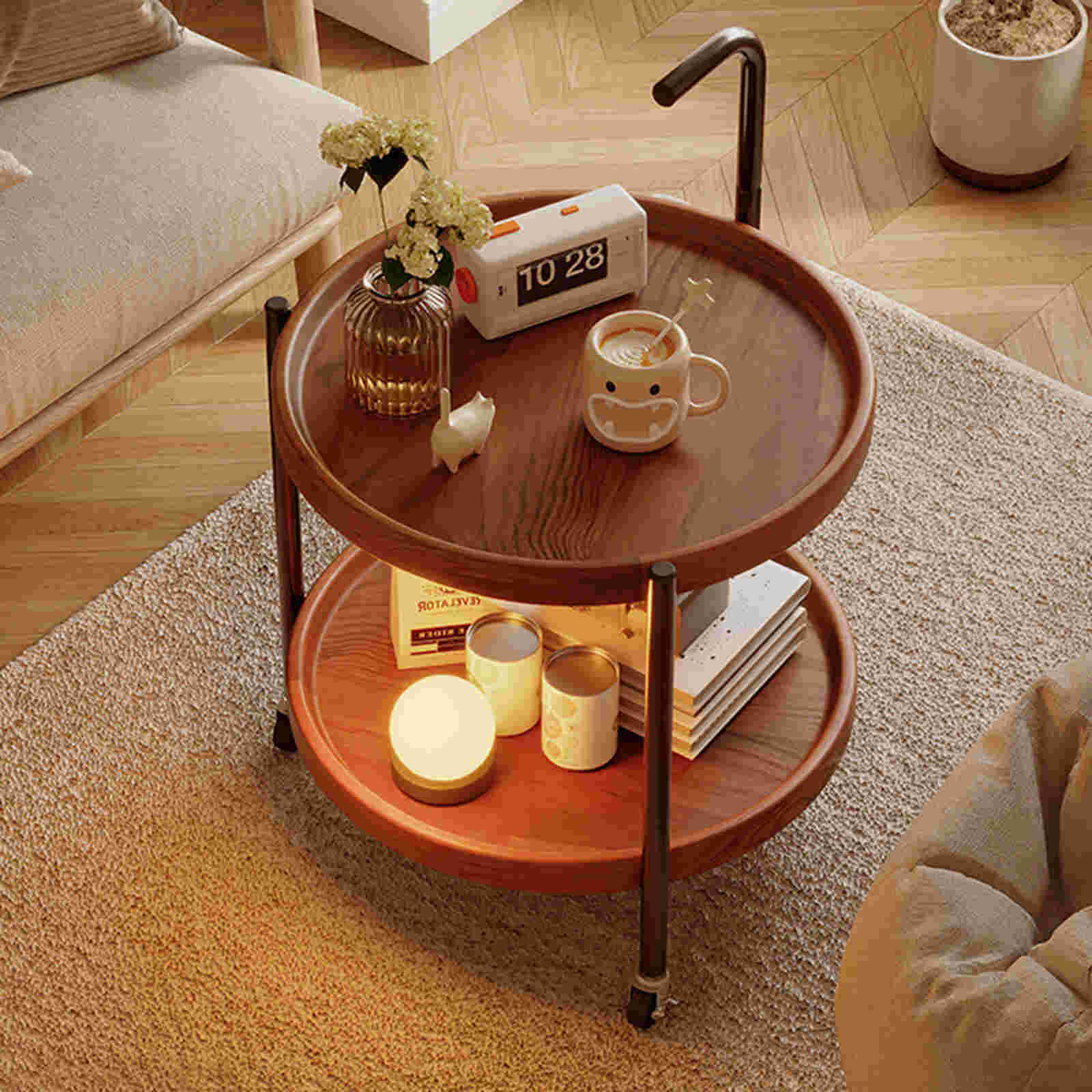 Bàn trà di động 2 tầng chân đen mặt óc chó