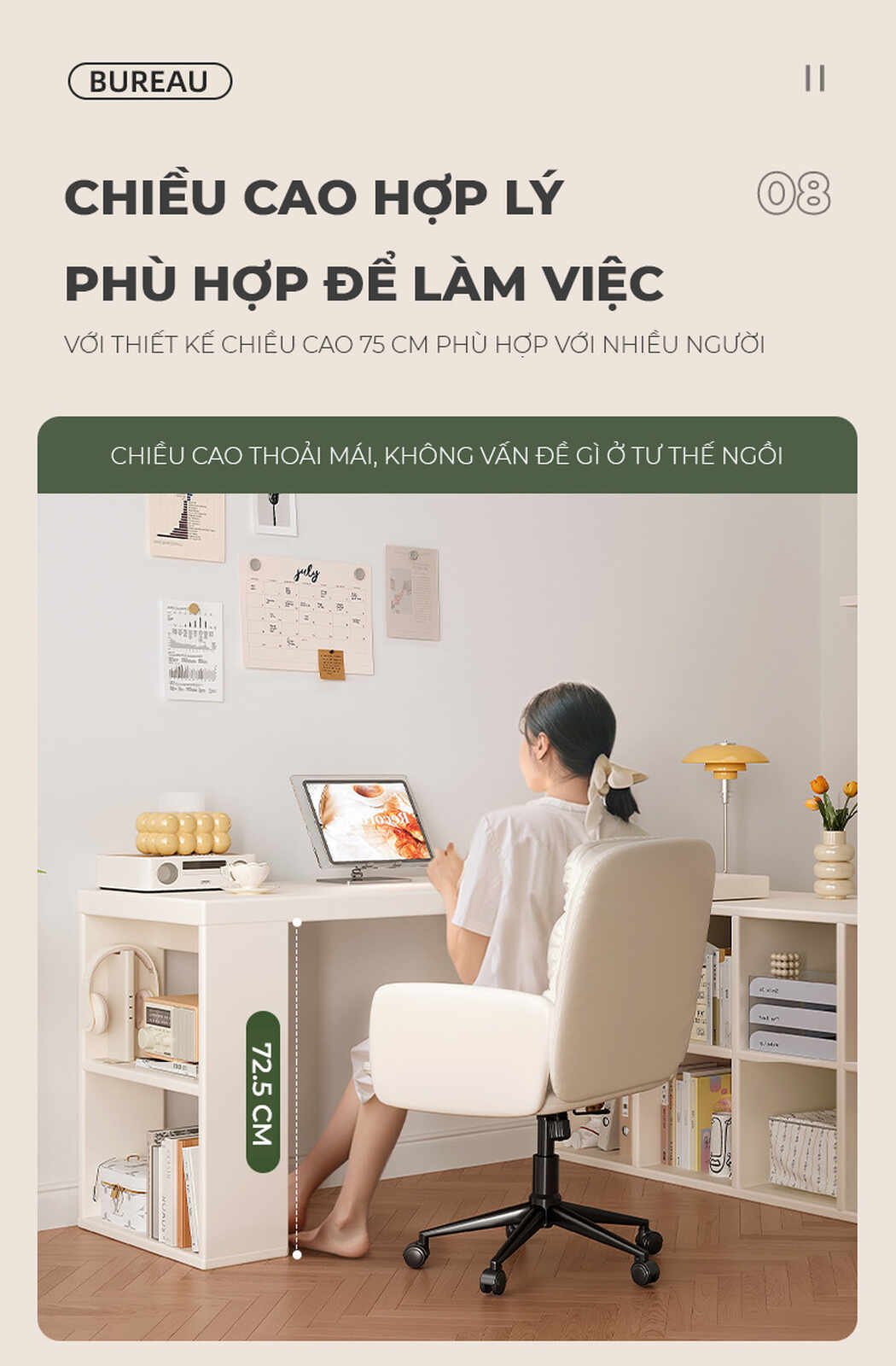 Bàn làm việc đa năng kèm tủ để đồ full trắng