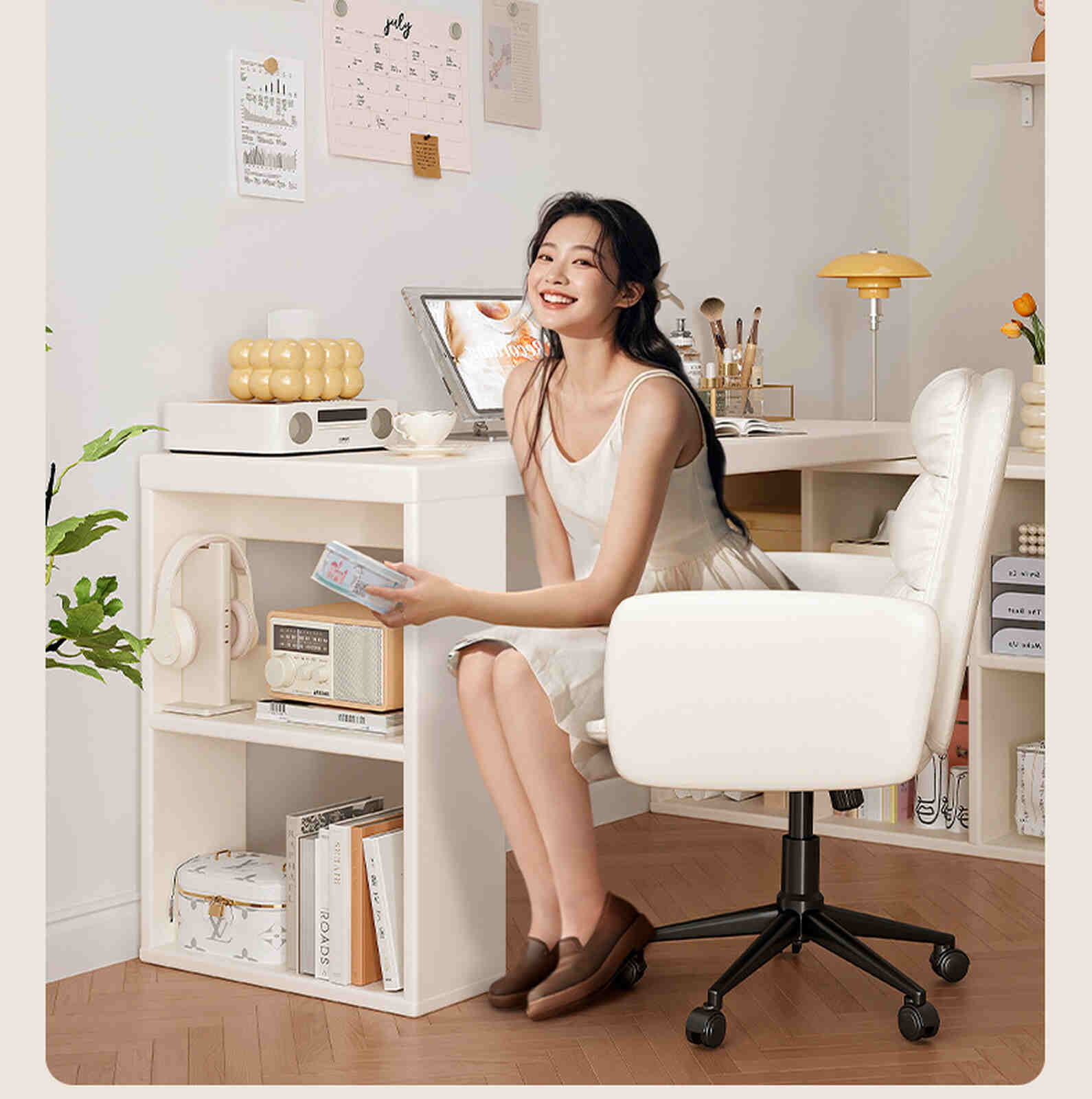 Bàn làm việc đa năng kèm tủ để đồ full trắng